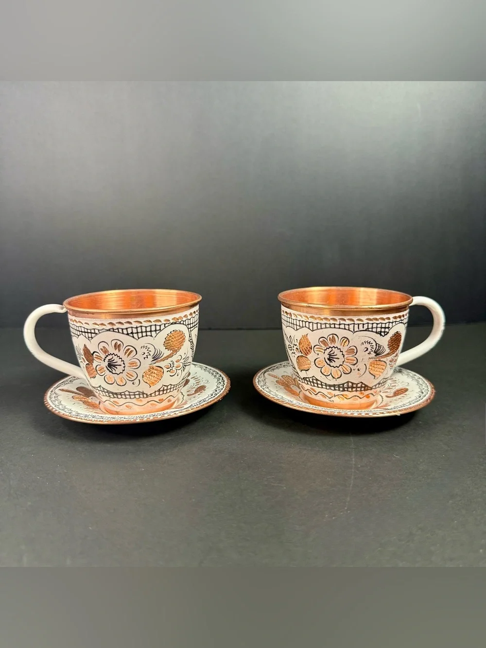 Vintage Handcrafted Copper Mugs Pure Copper Colorful Floral Engravings Turkish